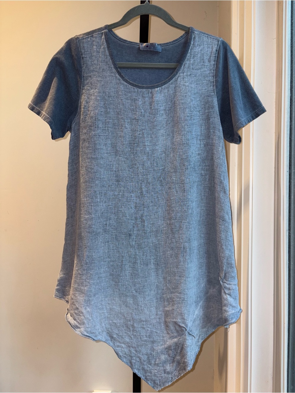 Tina Stephens Made in Italy Linen Blend Tunic Top Blue Asymmetrical Hem Medium